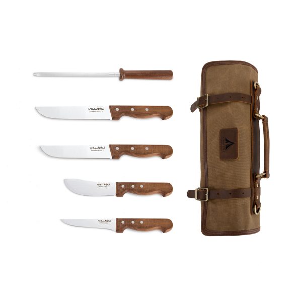 طقم سكين الشيف مع شنطة جلد طبيعي٤ سكاكين يد متعددة الاستخد خشبية ستانلس ستيل الماني KS60206